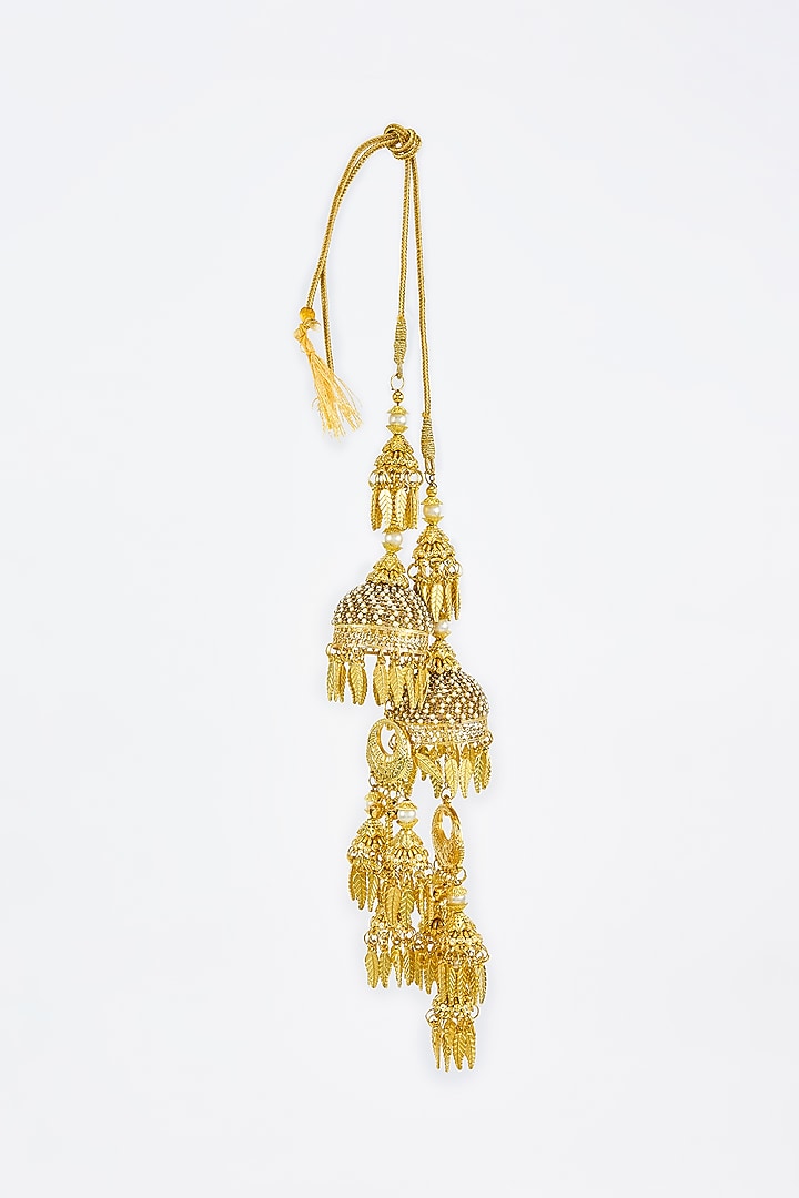 Gold Finish Kundan Polki & Pearl Strand Tying Kaleeras (Set Of 2) by Vivinia By Vidhi Mehra at Pernia's Pop Up Shop