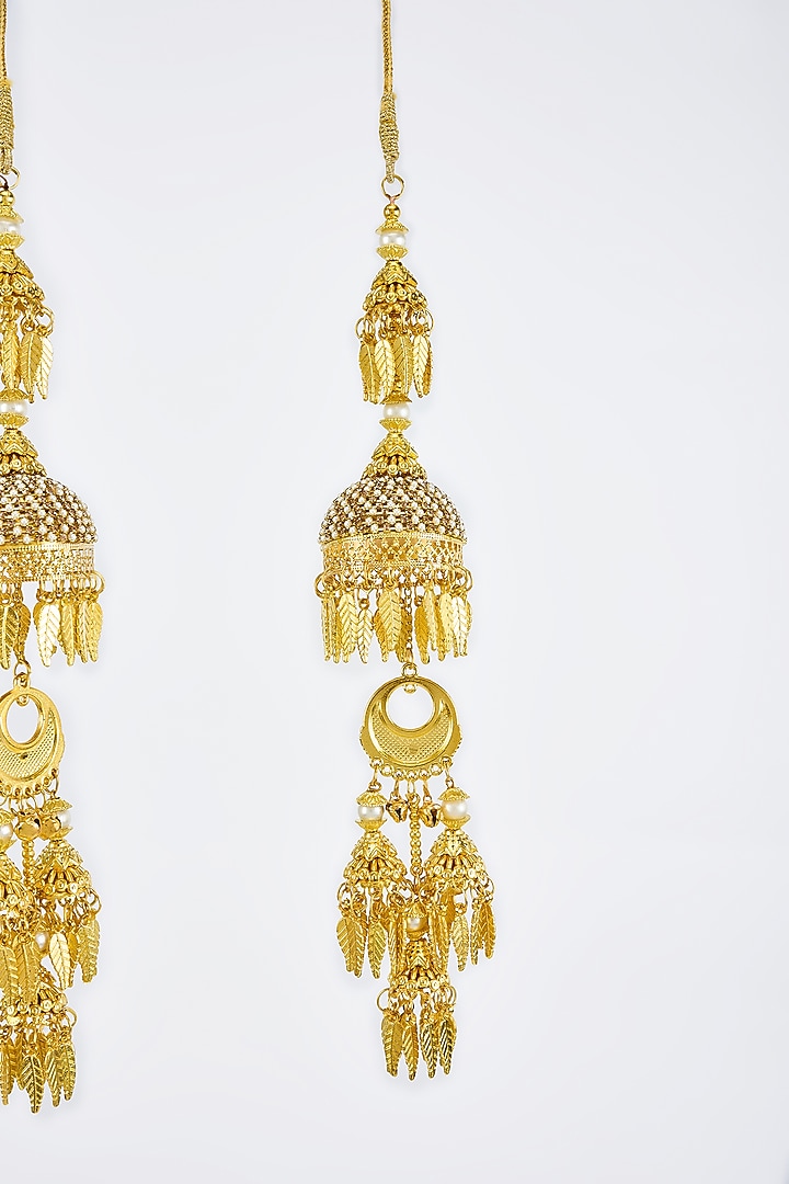 Gold Finish Kundan Polki & Pearl Strand Tying Kaleeras (Set Of 2) by Vivinia By Vidhi Mehra at Pernia's Pop Up Shop