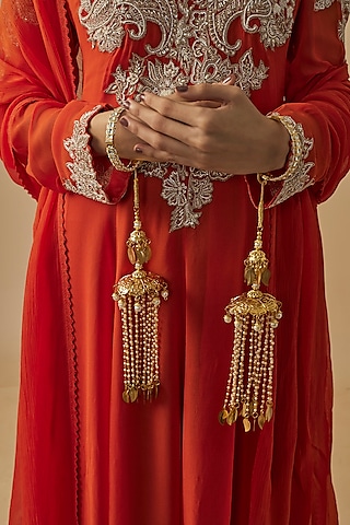 Gold Finish Kundan Polki & Pearl Strand Tying Kaleeras (Set Of 2) by Vivinia By Vidhi Mehra
