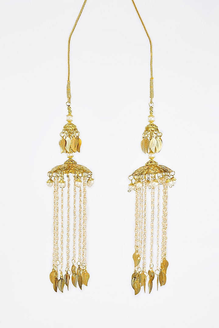 Gold Finish Kundan Polki & Pearl Strand Tying Kaleeras (Set Of 2) by Vivinia By Vidhi Mehra at Pernia's Pop Up Shop
