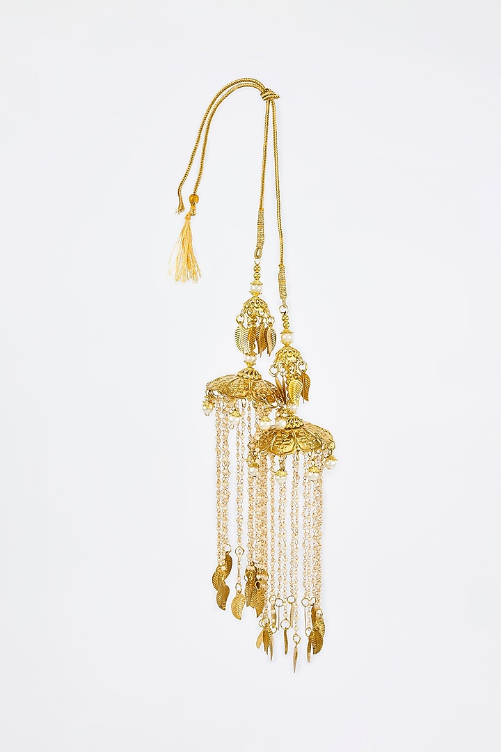 Gold Finish Kundan Polki & Pearl Strand Tying Kaleeras (Set Of 2) by Vivinia By Vidhi Mehra at Pernia's Pop Up Shop