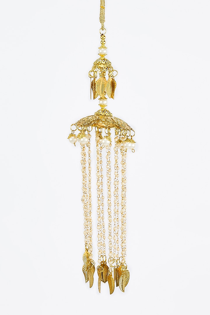 Gold Finish Kundan Polki & Pearl Strand Tying Kaleeras (Set Of 2) by Vivinia By Vidhi Mehra at Pernia's Pop Up Shop