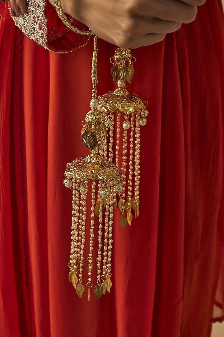 Gold Finish Kundan Polki & Pearl Strand Tying Kaleeras (Set Of 2) by Vivinia By Vidhi Mehra at Pernia's Pop Up Shop