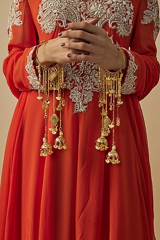 Gold Finish Kundan Polki & Charms Hanging Kaleeras (Set Of 2) by Vivinia By Vidhi Mehra