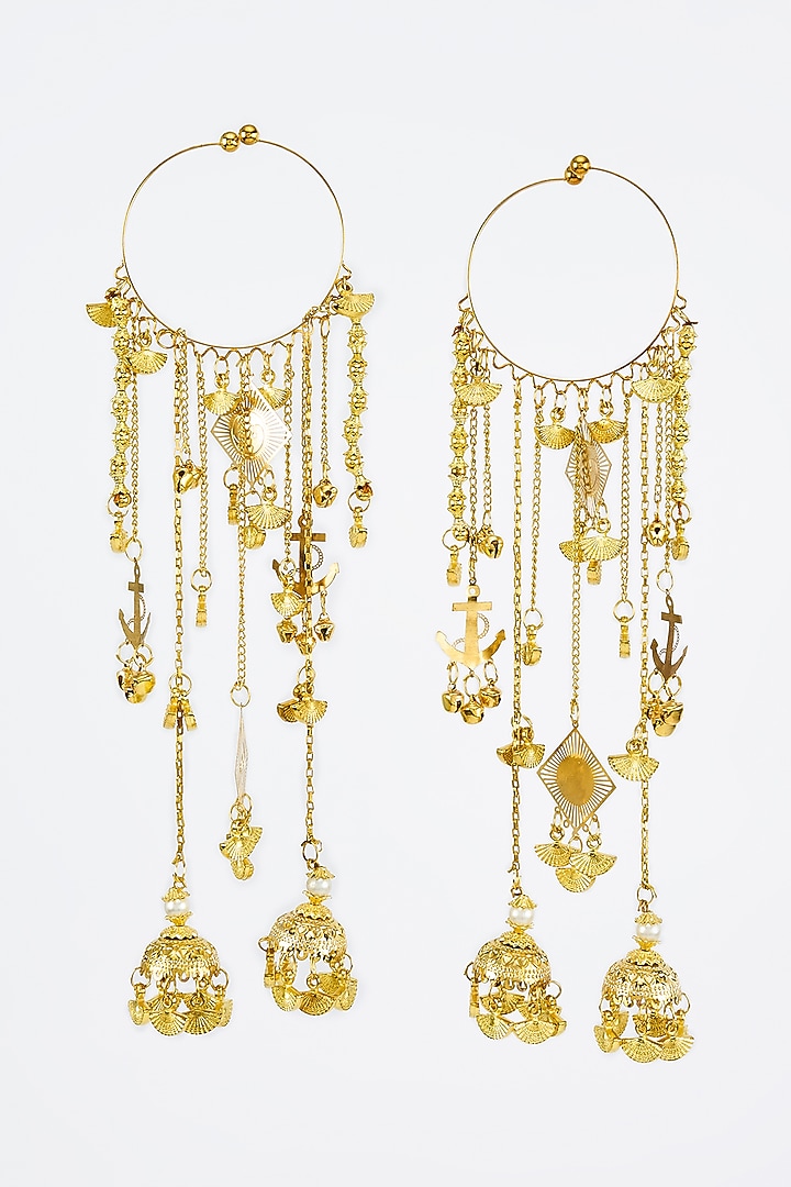 Gold Finish Kundan Polki & Charms Hanging Kaleeras (Set Of 2) by Vivinia By Vidhi Mehra at Pernia's Pop Up Shop