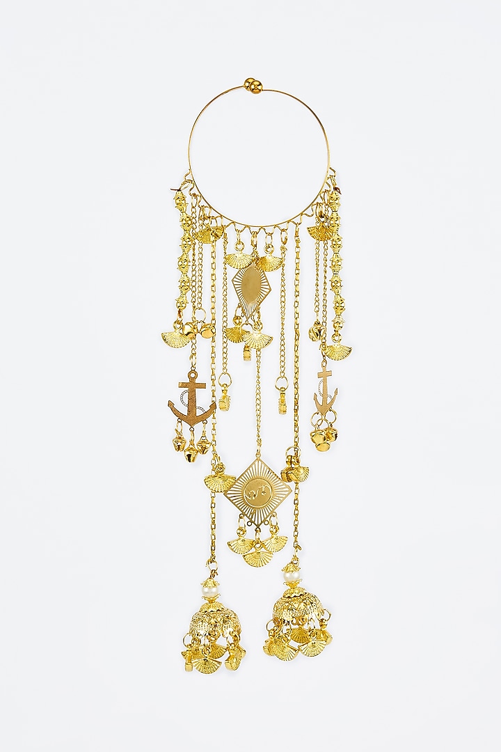 Gold Finish Kundan Polki & Charms Hanging Kaleeras (Set Of 2) by Vivinia By Vidhi Mehra at Pernia's Pop Up Shop