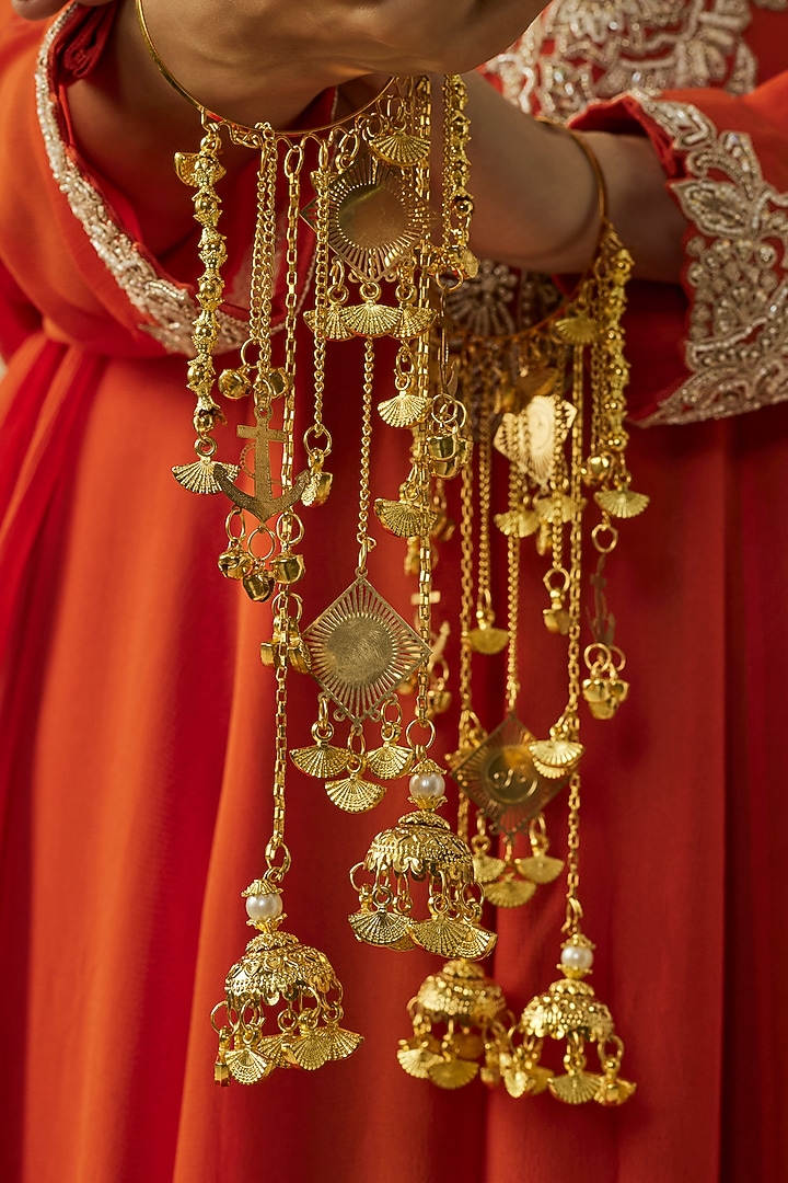 Gold Finish Kundan Polki & Charms Hanging Kaleeras (Set Of 2) by Vivinia By Vidhi Mehra at Pernia's Pop Up Shop