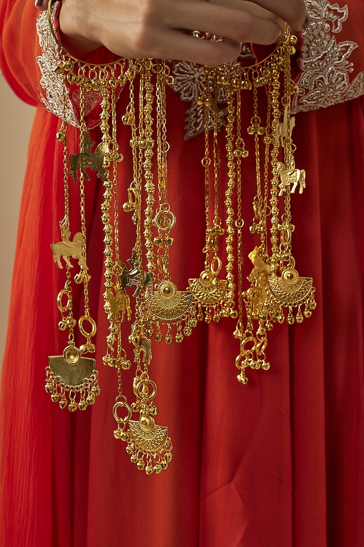 Gold Finish Kundan Polki & Charms Hanging Kaleeras (Set Of 2) by Vivinia By Vidhi Mehra at Pernia's Pop Up Shop