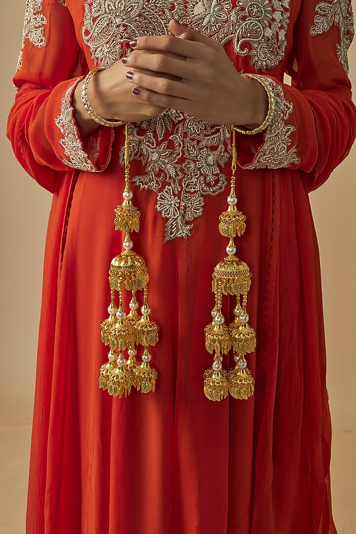 Gold Finish Pearl Kaleera (Set Of 2) by Vivinia By Vidhi Mehra at Pernia's Pop Up Shop