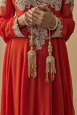 Gold Finish Kundan Polki & Pearl Strand Tying Kaleeras (Set Of 2) by Vivinia By Vidhi Mehra