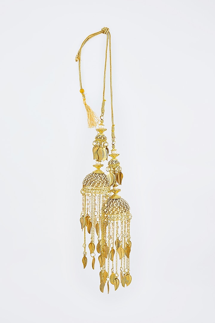 Gold Finish Kundan Polki & Pearl Strand Tying Kaleeras (Set Of 2) by Vivinia By Vidhi Mehra at Pernia's Pop Up Shop