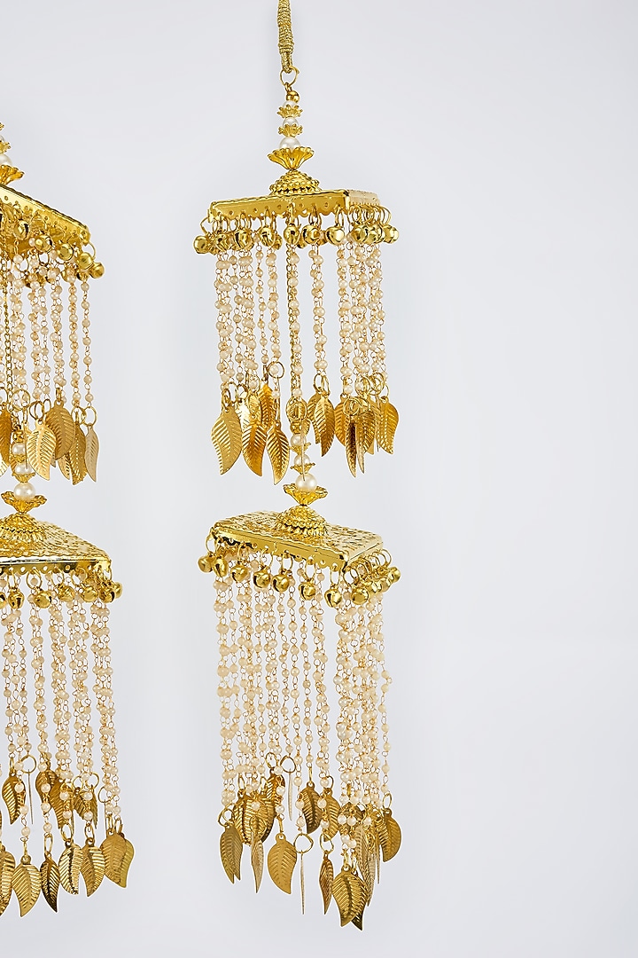 Gold Finish Kundan Polki & Pearl Strand Tying Kaleeras (Set Of 2) by Vivinia By Vidhi Mehra at Pernia's Pop Up Shop