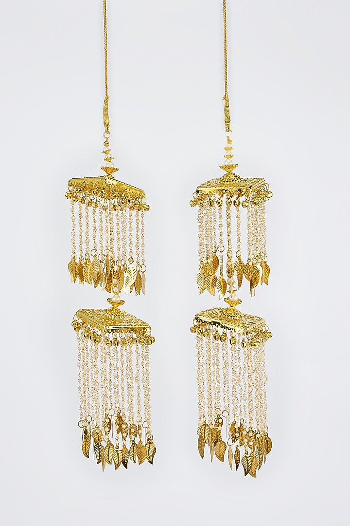 Gold Finish Kundan Polki & Pearl Strand Tying Kaleeras (Set Of 2) by Vivinia By Vidhi Mehra at Pernia's Pop Up Shop