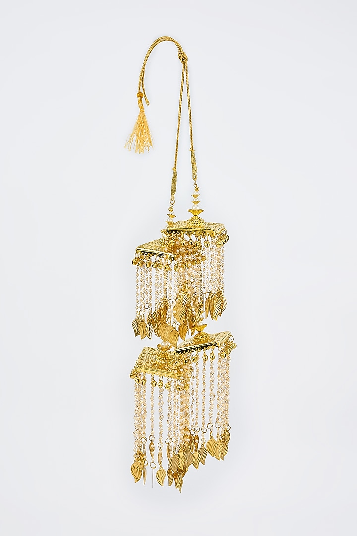 Gold Finish Kundan Polki & Pearl Strand Tying Kaleeras (Set Of 2) by Vivinia By Vidhi Mehra at Pernia's Pop Up Shop