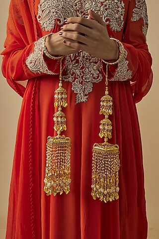 Gold Finish Kundan Polki & Pearl Strand Tying Kaleeras (Set Of 2) by Vivinia By Vidhi Mehra