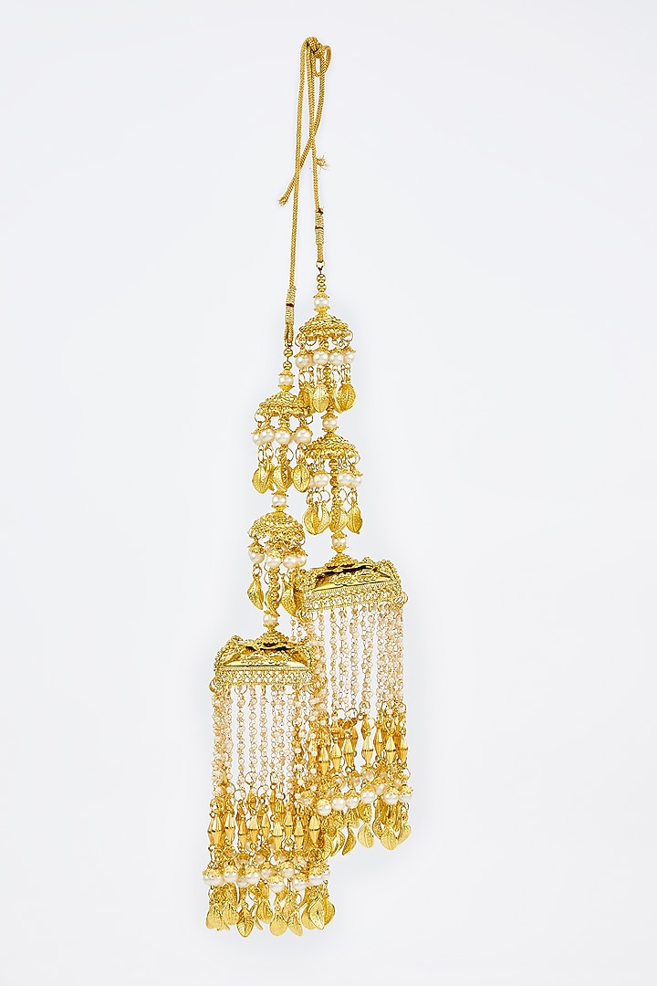 Gold Finish Kundan Polki & Pearl Strand Tying Kaleeras (Set Of 2) by Vivinia By Vidhi Mehra at Pernia's Pop Up Shop