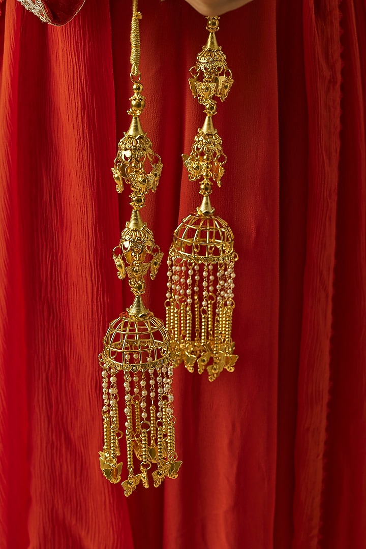 Gold Finish Kundan Polki & Pearl Strand Tying Kaleeras (Set Of 2) by Vivinia By Vidhi Mehra at Pernia's Pop Up Shop