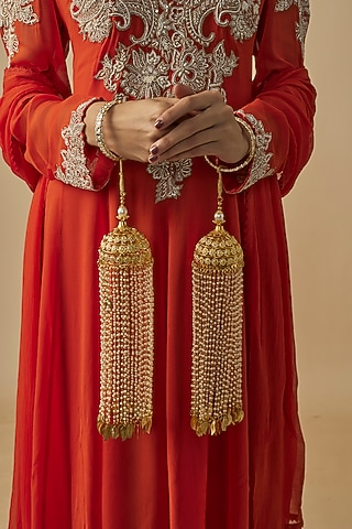 Gold Finish Kundan Polki & Pearl Strand Tying Kaleeras (Set Of 2) by Vivinia By Vidhi Mehra