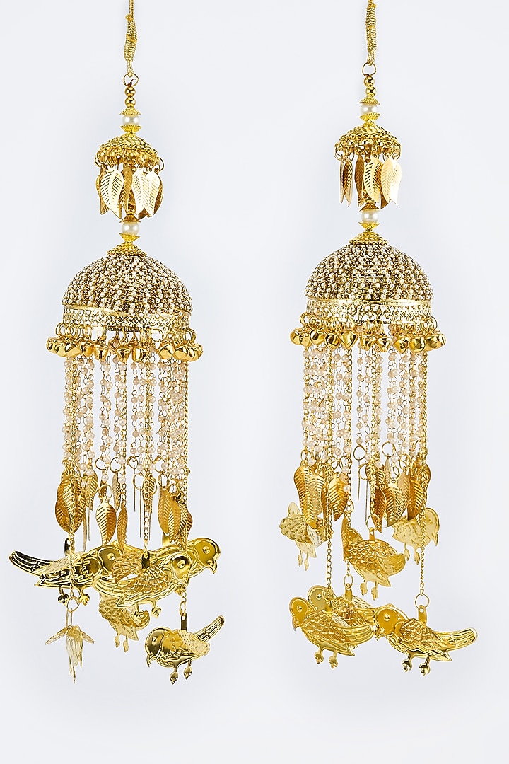 Gold Finish Kundan Polki & Pearl Strand Tying Kaleeras (Set Of 2) by Vivinia By Vidhi Mehra at Pernia's Pop Up Shop