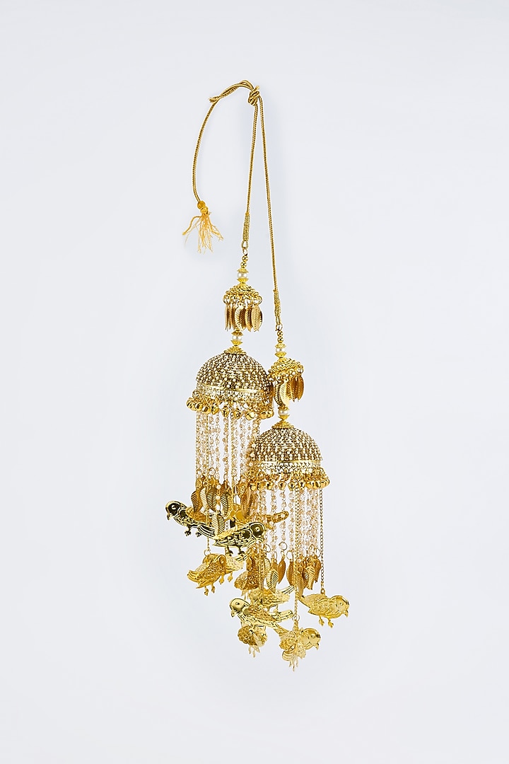 Gold Finish Kundan Polki & Pearl Strand Tying Kaleeras (Set Of 2) by Vivinia By Vidhi Mehra at Pernia's Pop Up Shop
