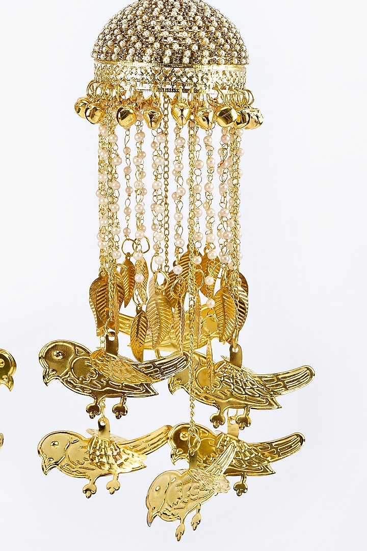 Gold Finish Kundan Polki & Pearl Strand Tying Kaleeras (Set Of 2) by Vivinia By Vidhi Mehra at Pernia's Pop Up Shop