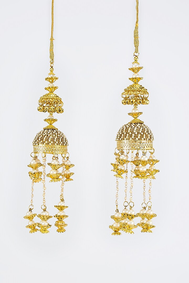 Gold Finish Kundan Polki & Pearl Strand Tying Kaleeras (Set Of 2) by Vivinia By Vidhi Mehra at Pernia's Pop Up Shop