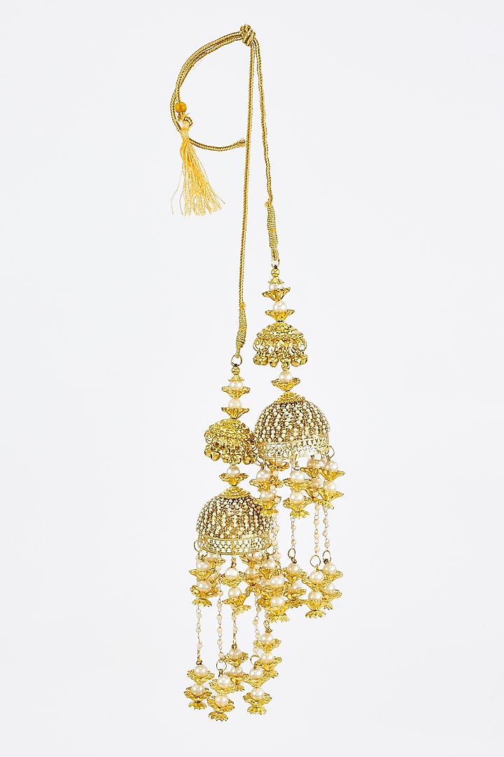 Gold Finish Kundan Polki & Pearl Strand Tying Kaleeras (Set Of 2) by Vivinia By Vidhi Mehra at Pernia's Pop Up Shop
