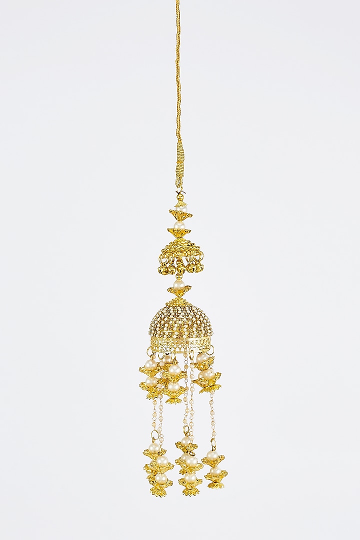 Gold Finish Kundan Polki & Pearl Strand Tying Kaleeras (Set Of 2) by Vivinia By Vidhi Mehra at Pernia's Pop Up Shop