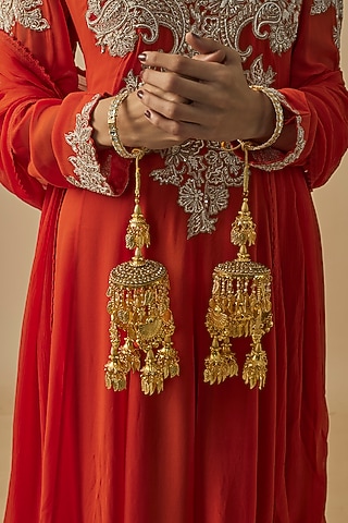 Gold Finish Kundan Polki & Pearl Strand Tying Kaleeras (Set Of 2) by Vivinia By Vidhi Mehra