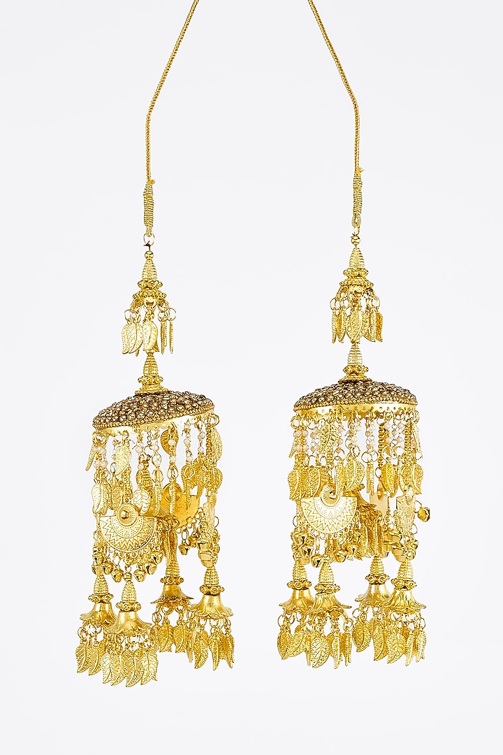 Gold Finish Kundan Polki & Pearl Strand Tying Kaleeras (Set Of 2) by Vivinia By Vidhi Mehra at Pernia's Pop Up Shop