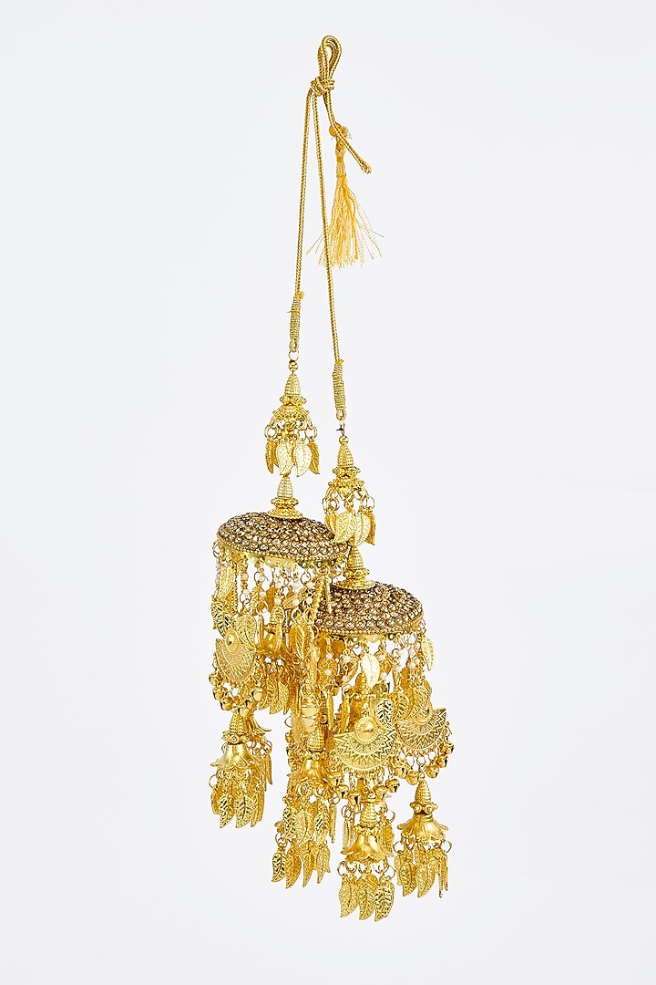 Gold Finish Kundan Polki & Pearl Strand Tying Kaleeras (Set Of 2) by Vivinia By Vidhi Mehra at Pernia's Pop Up Shop