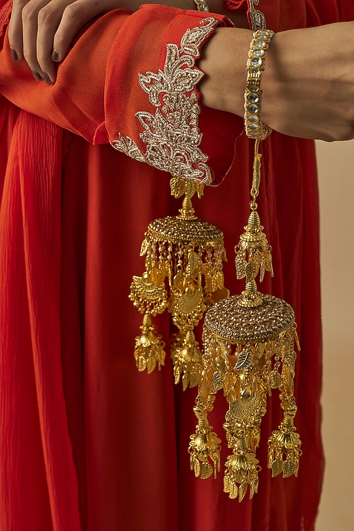 Gold Finish Kundan Polki & Pearl Strand Tying Kaleeras (Set Of 2) by Vivinia By Vidhi Mehra at Pernia's Pop Up Shop