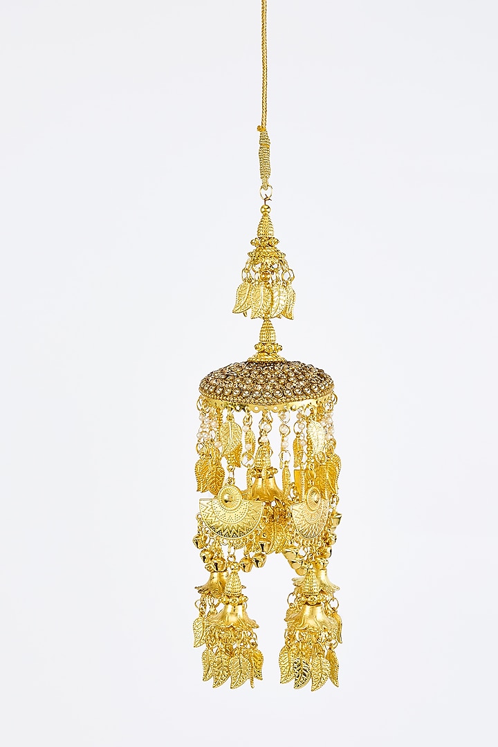 Gold Finish Kundan Polki & Pearl Strand Tying Kaleeras (Set Of 2) by Vivinia By Vidhi Mehra at Pernia's Pop Up Shop