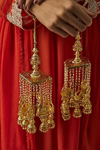 Gold Finish Kundan Polki & Pearl Strand Tying Kaleeras (Set Of 2) by Vivinia By Vidhi Mehra