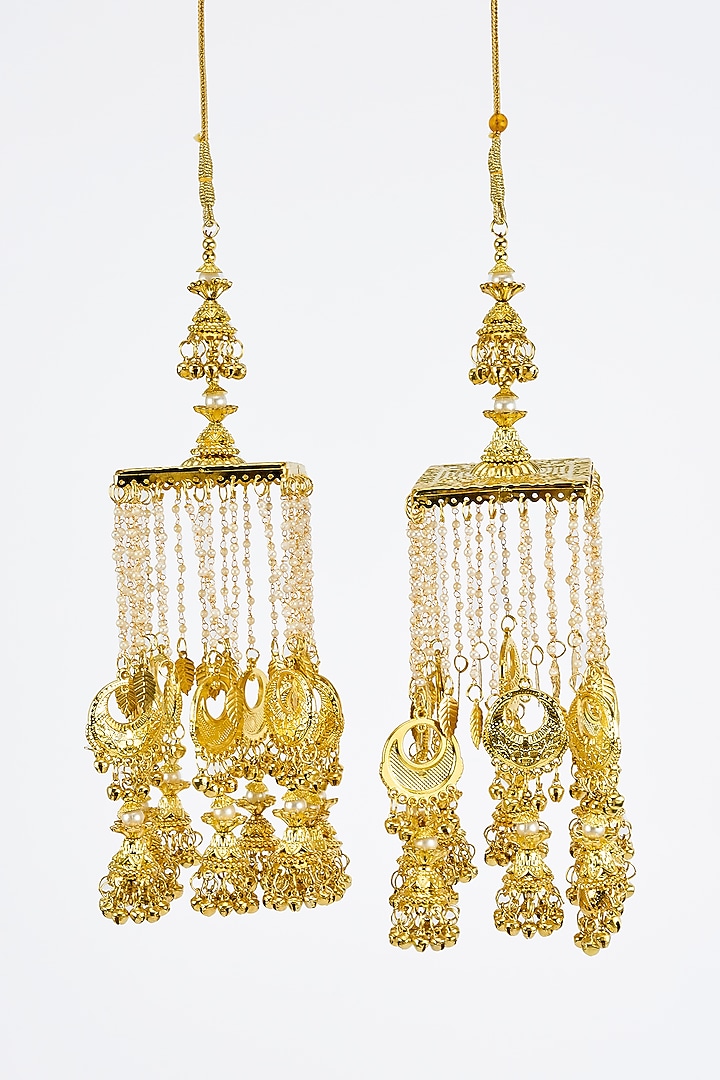 Gold Finish Kundan Polki & Pearl Strand Tying Kaleeras (Set Of 2) by Vivinia By Vidhi Mehra at Pernia's Pop Up Shop
