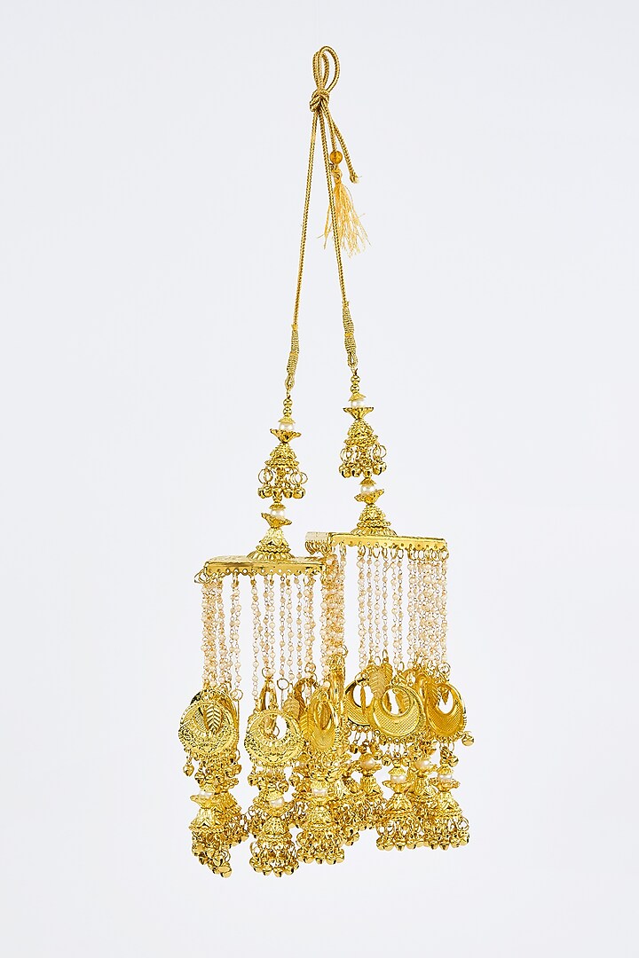 Gold Finish Kundan Polki & Pearl Strand Tying Kaleeras (Set Of 2) by Vivinia By Vidhi Mehra at Pernia's Pop Up Shop