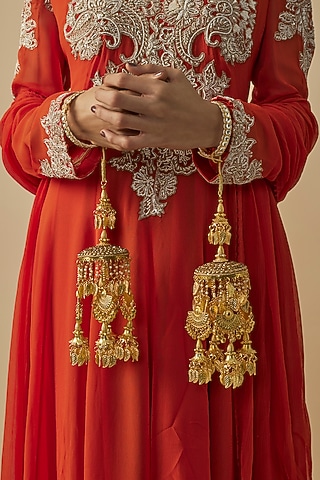 Gold Finish Kundan Polki & Pearl Strand Tying Kaleeras (Set Of 2) by Vivinia By Vidhi Mehra