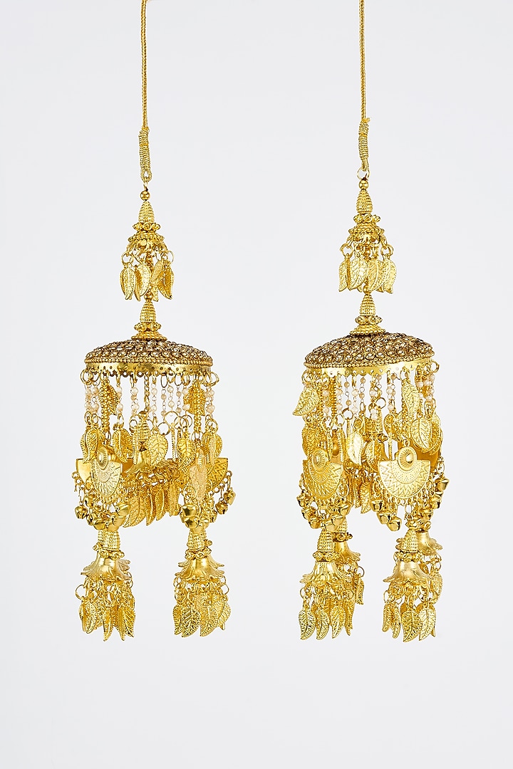 Gold Finish Kundan Polki & Pearl Strand Tying Kaleeras (Set Of 2) by Vivinia By Vidhi Mehra at Pernia's Pop Up Shop