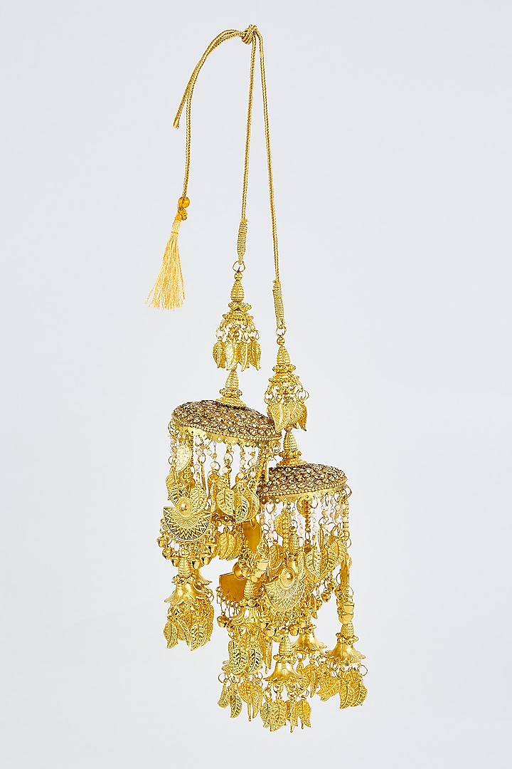 Gold Finish Kundan Polki & Pearl Strand Tying Kaleeras (Set Of 2) by Vivinia By Vidhi Mehra at Pernia's Pop Up Shop