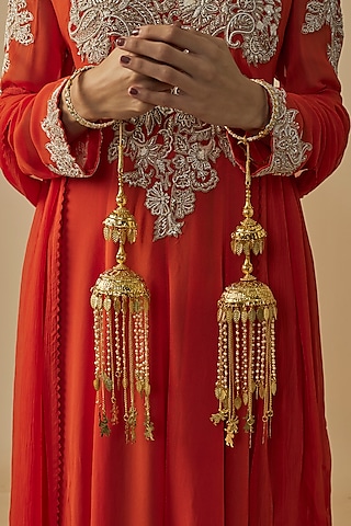 Gold Finish Kundan Polki & Pearl Strand Tying Kaleeras (Set Of 2) by Vivinia By Vidhi Mehra