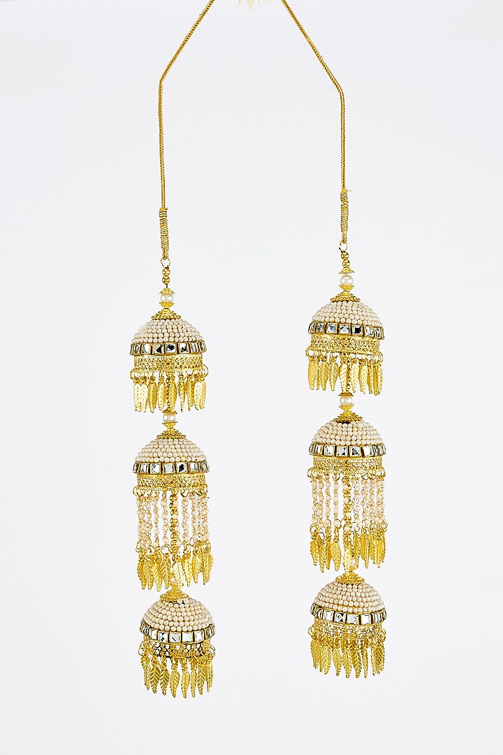 Gold Finish Kundan Polki & Pearl Strand Tying Kaleeras (Set Of 2) by Vivinia By Vidhi Mehra at Pernia's Pop Up Shop