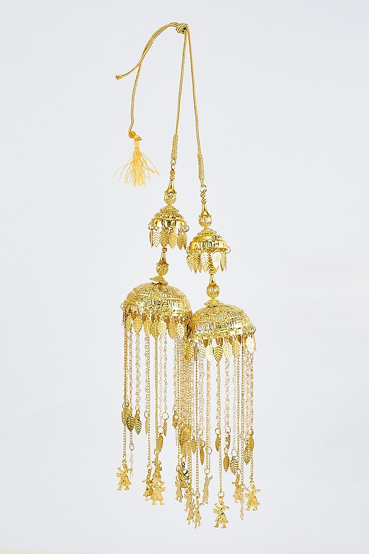 Gold Finish Kundan Polki & Pearl Strand Tying Kaleeras (Set Of 2) by Vivinia By Vidhi Mehra at Pernia's Pop Up Shop