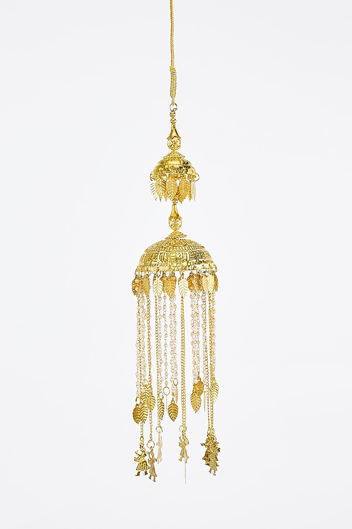 Gold Finish Kundan Polki & Pearl Strand Tying Kaleeras (Set Of 2) by Vivinia By Vidhi Mehra at Pernia's Pop Up Shop