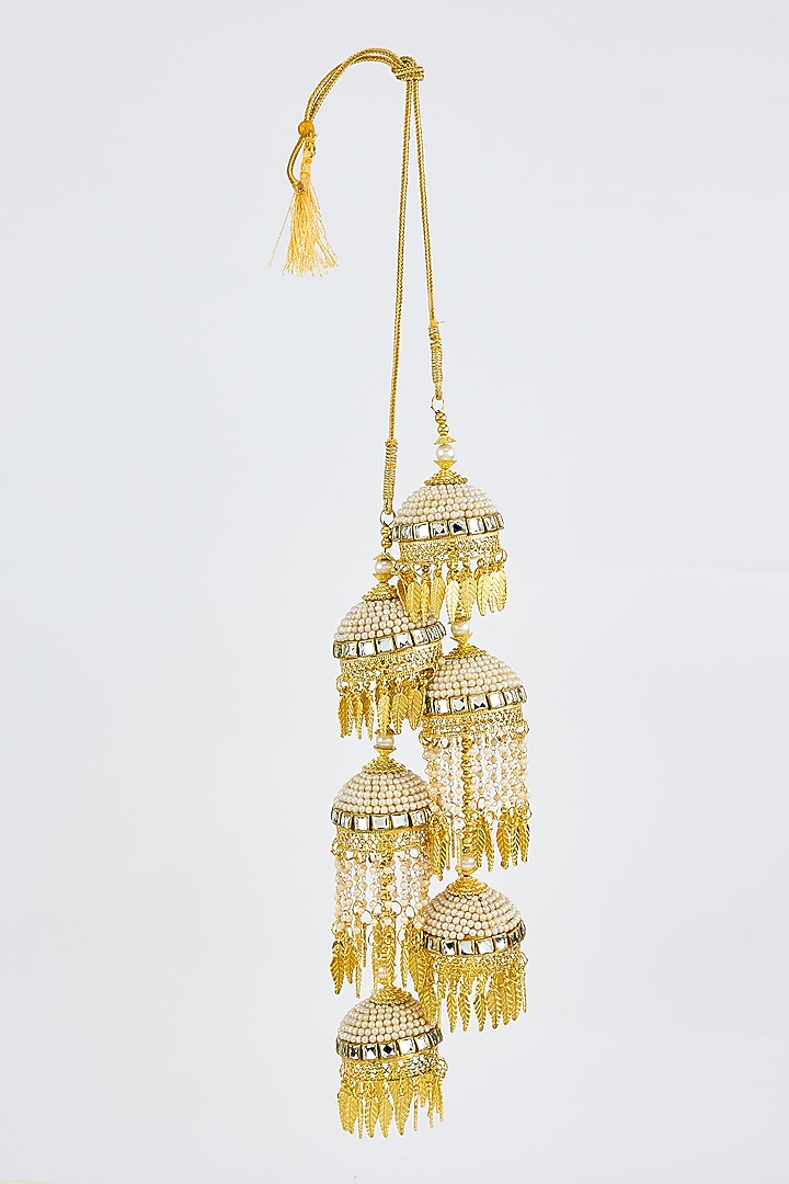 Gold Finish Kundan Polki & Pearl Strand Tying Kaleeras (Set Of 2) by Vivinia By Vidhi Mehra at Pernia's Pop Up Shop