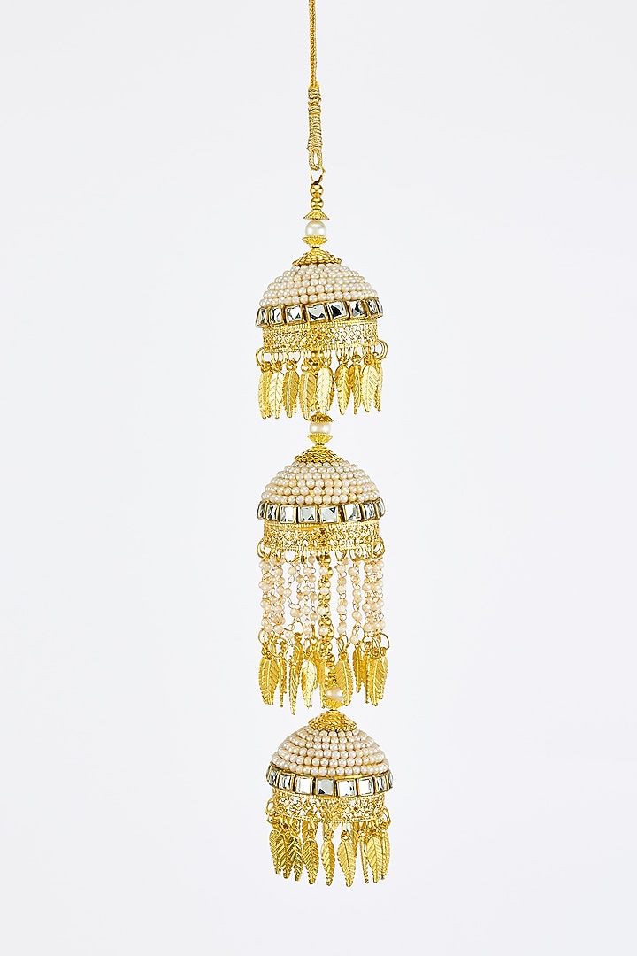 Gold Finish Kundan Polki & Pearl Strand Tying Kaleeras (Set Of 2) by Vivinia By Vidhi Mehra at Pernia's Pop Up Shop