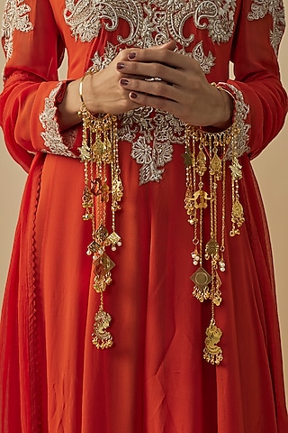 Gold Finish Kundan Polki & Pearl Strand Tying Kaleeras (Set Of 2) by Vivinia By Vidhi Mehra