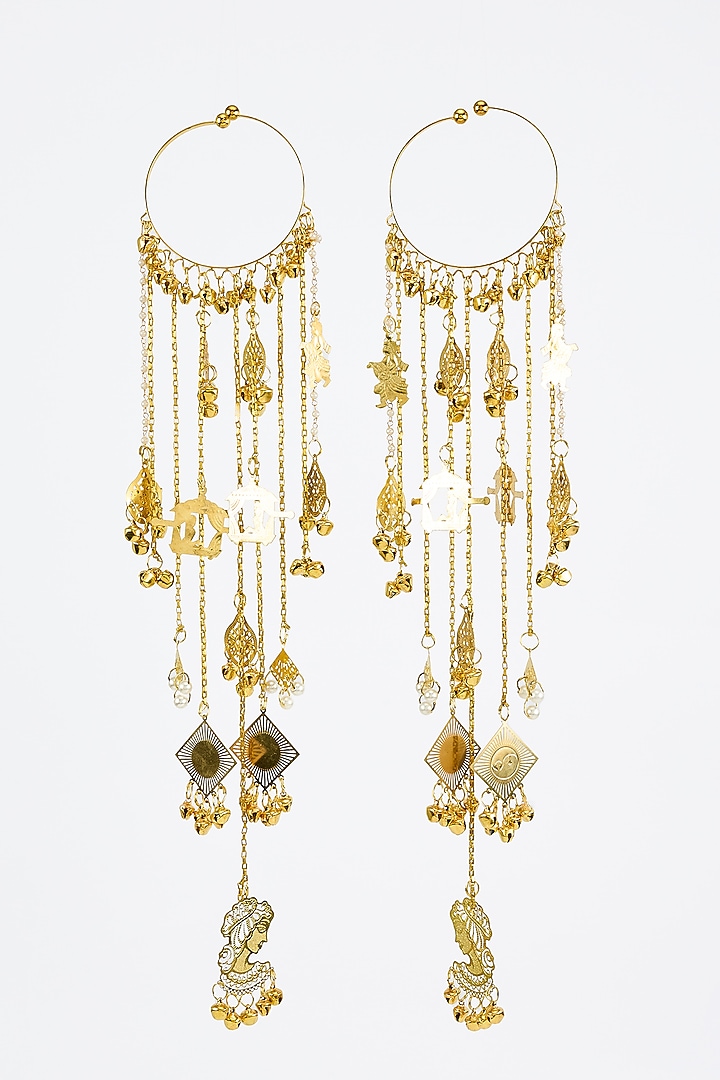 Gold Finish Kundan Polki & Pearl Strand Tying Kaleeras (Set Of 2) by Vivinia By Vidhi Mehra at Pernia's Pop Up Shop