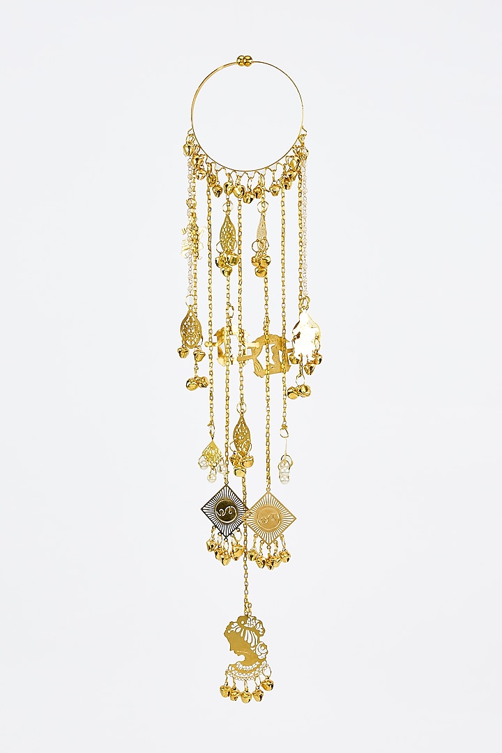 Gold Finish Kundan Polki & Pearl Strand Tying Kaleeras (Set Of 2) by Vivinia By Vidhi Mehra at Pernia's Pop Up Shop