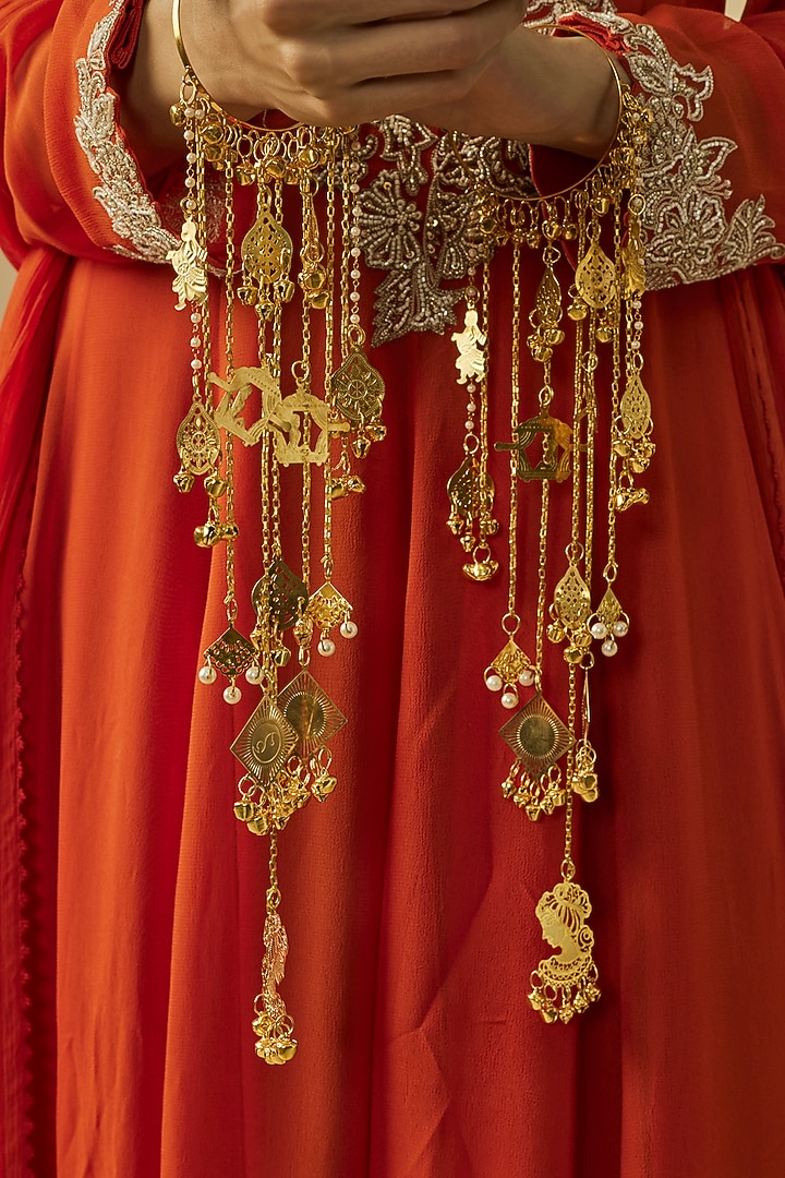 Gold Finish Kundan Polki & Pearl Strand Tying Kaleeras (Set Of 2) by Vivinia By Vidhi Mehra at Pernia's Pop Up Shop