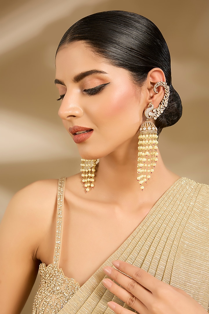 Gold Finish Pearl Drop Chandelier Earrings by Vivinia By Vidhi Mehra at Pernia's Pop Up Shop